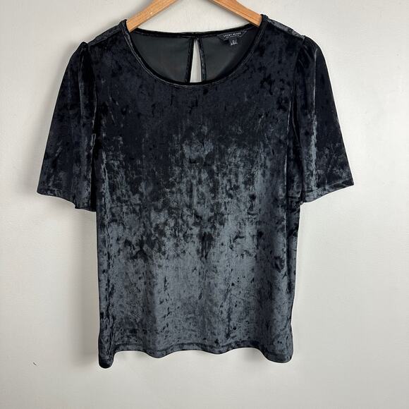Lucky Brand Black Crushed Velvet Blouse Top Short Sleeve Shirt M Medium - Picture 3 of 10